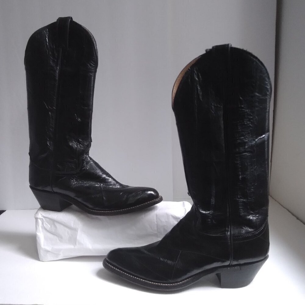 Justin Women's Vintage 1970's Black Eel Skin Cowboy Boots Made In U.S.A. Sz 7.5 - Picture 2 of 16